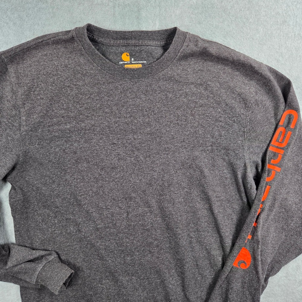 Carhartt Long Sleeve T-Shirt Mens Small Charcoal Orange Logo Original Fit